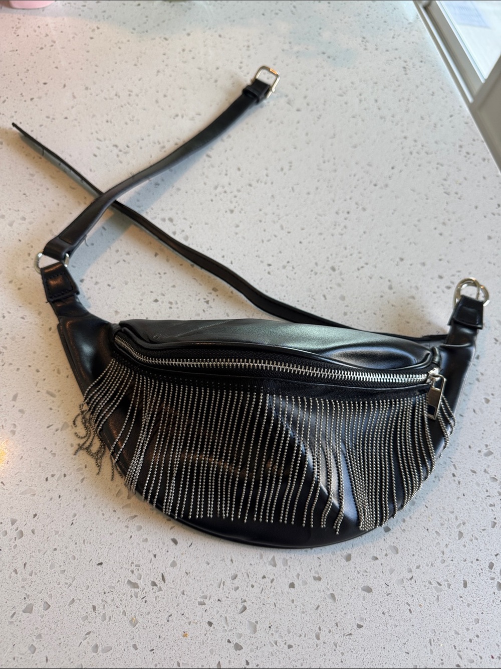 Black Chain-Fringe Leather Fanny Pack Bag